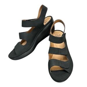 Clarks Reedly Juno Black Leather Wedge Sandals Size 8.5M‎ Comfortable